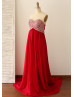 Red Long Chiffon Strapless Sweetheart Beaded Prom Dress